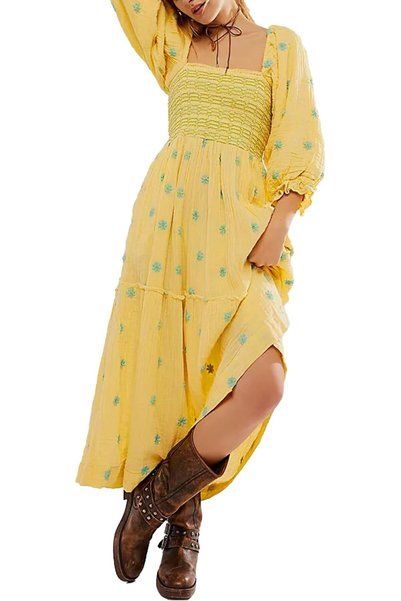 GENERAL ABYOVRT Women Floral Embroidered Maxi Dress Long Puff Sleeve Square N...