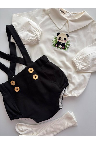 il mio bambino Handmade 100% Cotton Panda Embroidered Shirt and Romper