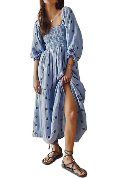 GENERAL ABYOVRT Women Floral Embroidered Maxi Dress Long Puff Sleeve Square N...