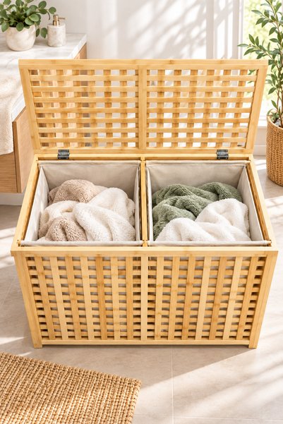 Karçiçeği Home Doğal Bambu 2 Bölmeli Kapaklı Kirli Çamaşır Sepeti 85×45×65 cm – Geniş Hacimli Banyo Düzenleyici