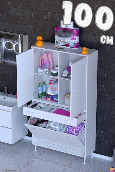 Modilayn YENİ AFRA 100 cm 3 Gözlü Kirli Çamaşır Sepet, 2 Kapak ve 2 Gözlü Çek...