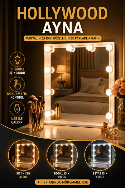 House Bird Hollywood Tipi 3 Renk LED Işıklı Dokunmatik Makyaj Ayna Işığı USB ...