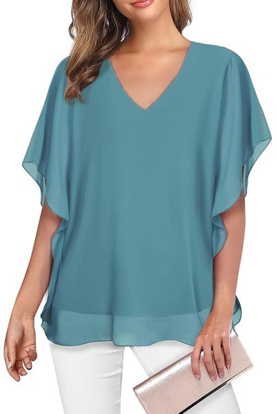 GENERAL Lotusmile Women's Loose Flouncing Flutter Sleeve Double-Layered Shirt...