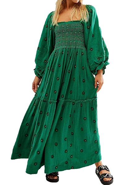 GENERAL ABYOVRT Women Floral Embroidered Maxi Dress Long Puff Sleeve Square N...