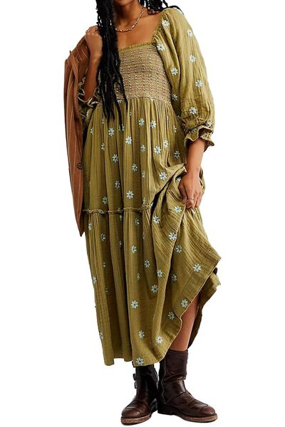 GENERAL ABYOVRT Women Floral Embroidered Maxi Dress Long Puff Sleeve Square N...