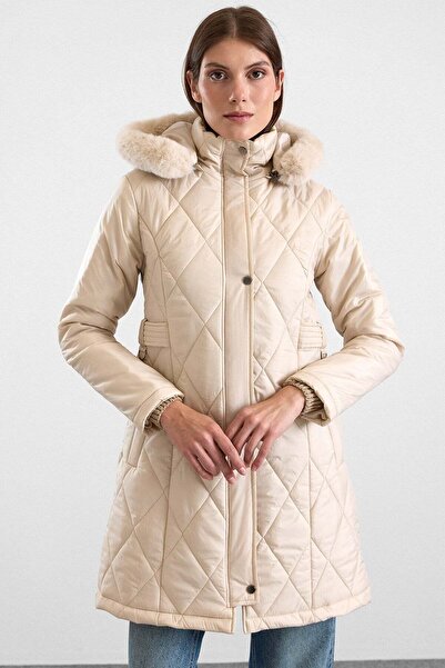 Olcay Removable Fur Hooded Zipper Closure Quilted Coat Stone 6923