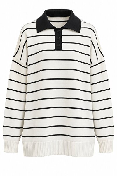 Laluvia White Brown Striped Polo Collar Sweater - 2Y1510