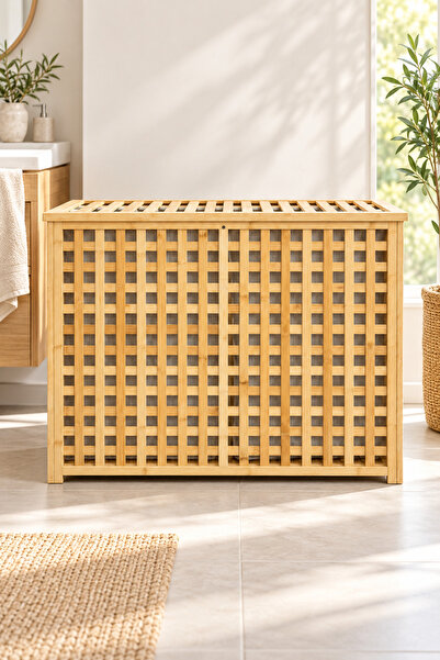 Karçiçeği Home Doğal Bambu 2 Bölmeli Kapaklı Kirli Çamaşır Sepeti 85×45×65 cm – Geniş Hacimli Banyo Düzenleyici