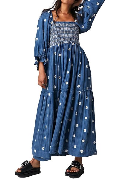 GENERAL ABYOVRT Women Floral Embroidered Maxi Dress Long Puff Sleeve Square N...