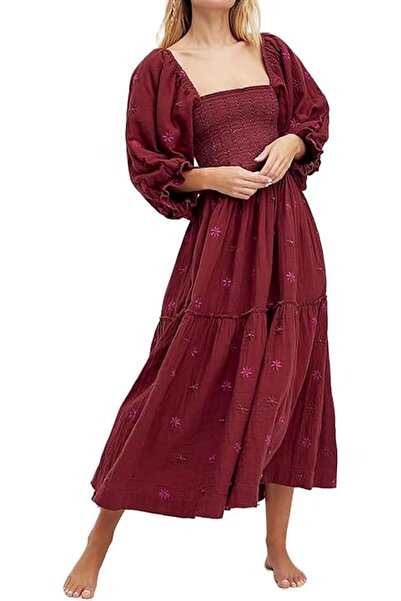 GENERAL ABYOVRT Women Floral Embroidered Maxi Dress Long Puff Sleeve Square N...