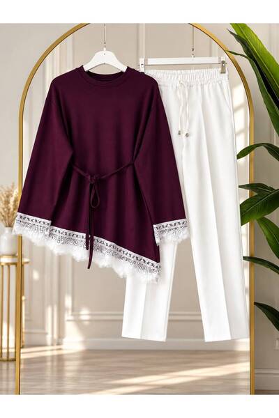 YILMAZBARMAZ Costum de damă cu bluză asimetrică cu dantelă și pantaloni