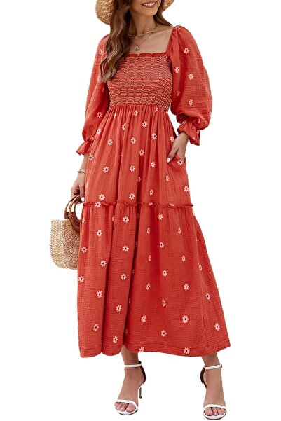 GENERAL ABYOVRT Women Floral Embroidered Maxi Dress Long Puff Sleeve Square N...