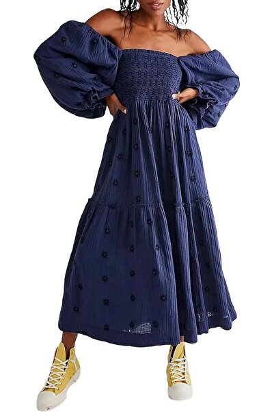 GENERAL ABYOVRT Women Floral Embroidered Maxi Dress Long Puff Sleeve Square N...