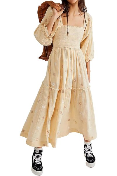 GENERAL ABYOVRT Women Floral Embroidered Maxi Dress Long Puff Sleeve Square N...