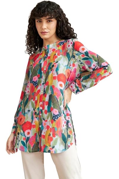 Leriya Fashion قميص راون مزين بطباعة زهور نابضة بالحياة بأكمام طويلة وأزرار أ...