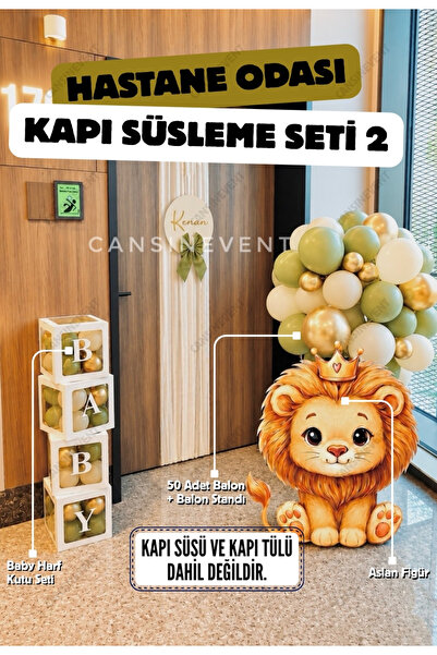 Hastane Kapı Süsleme Seti Aslan Figür - Balon Standı - BABY Harf Kutu Seti - Krem Yeşil Gold
