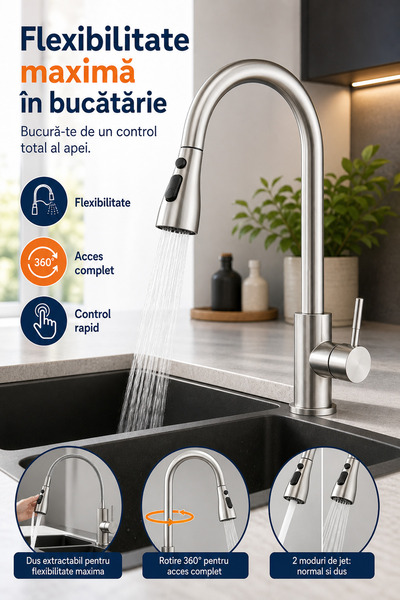 DeaL Macvi ®   Baterie de bucătărie premium cu duș extractibil, argintiu mat
