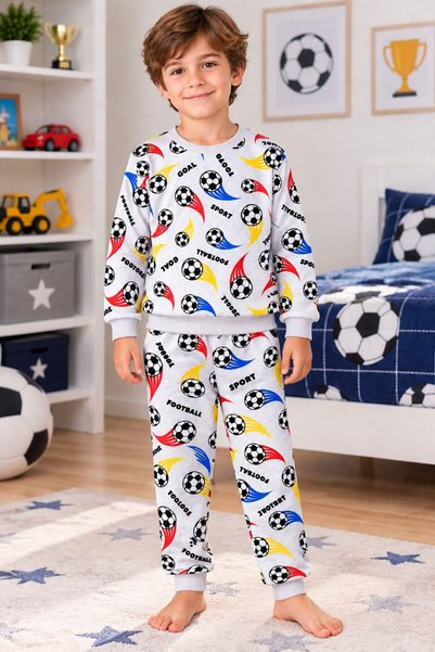 Maviş Kids Erkek Çocuk Pamuklu Gri Futbol Topu Desenli Uzun Kollu Mevsimlik P...