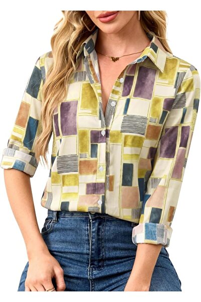 GENERAL Wrinkle-Resistant Silky Women Printed Button Down Shirt Long Sleeve