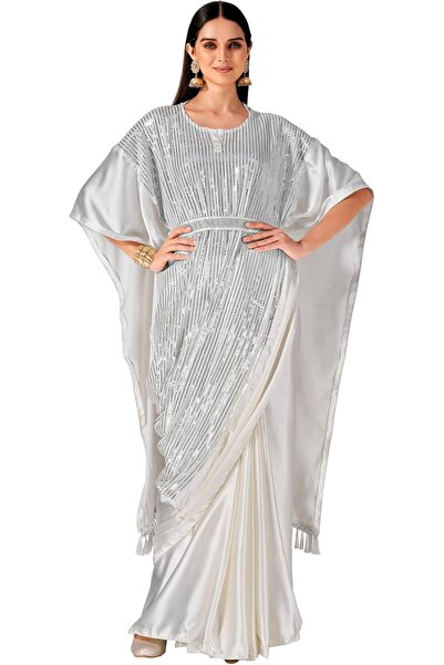 Generic Women's Satin Kaftaan Saree with Belt (TI6764_Off White)