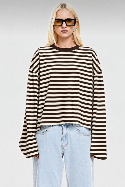 Gee&Gee Uzun Kollu Kahverengi Çizgili Sweatshirt G-9672