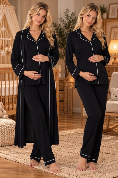 Yulem Homewear New Season Black Ribbed Long Sleeve Cotton Front Buttoned Mate...