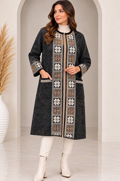 CNR TEKSTİL Women's Ethnic Patterned Zippered Long Knitwear Cardigan
