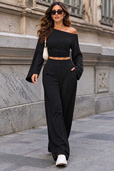 COOL TARZ Women's Off-Shoulder Bustier Crop Blouse – Long Sleeve Ruched Detail Stretchy Stylish Casual Top