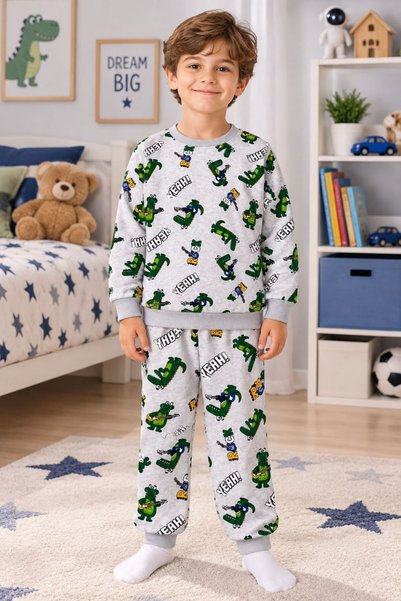 Maviş Kids Erkek Çocuk Pamuklu Gri Dinozor Desenli Uzun Kollu Mevsimlik Pijam...