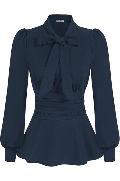 GRACE KARIN Women Flared Defined Waist Blouse OL Puffed Long Sleeve Bow-Knot ...