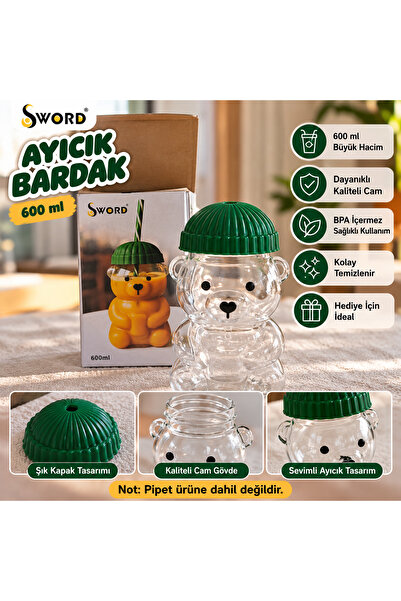 DİĞER1111 Ayıcık Tasarımlı Cam Bardak 600 ML – Sevimli Kapaklı Büyük Hacimli ...