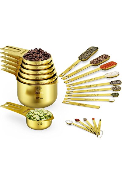 Generic مجموعة أكواب وملاعق قياس ذهبية من 21 قطعة - تتضمن 7 أكواب قياس متداخل...