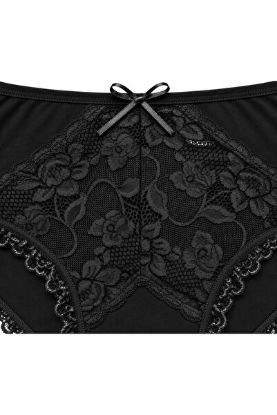Zena Black High Waist Lace Detailed Cotton Plus Size Women's Panties