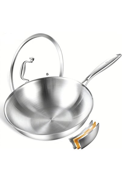 Generic Tri-Ply Stainless Steel Woks, 12 Inch Healthy Non-Toxic Cooking Wok P...