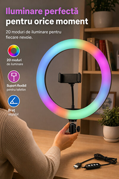DeaL Macvi ®   Lumină inelară LED RGB de 36 cm, 20 de moduri de iluminare, Su...