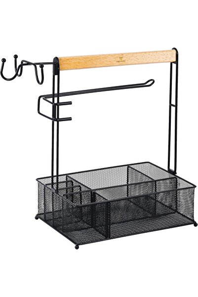 XELA VIKEYHOME Organizator BBQ, Organizator BBQ pentru picnic, camping, exterior, Coș din plasă cu 3 cârlige de agățat și suport pentru prosoape de hârtie, Soluție ideală de depozitare pe masă pentru autorulote/mașini de camping/tacâmuri