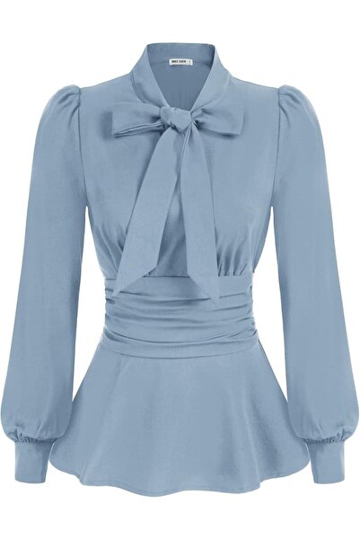GRACE KARIN Women Flared Defined Waist Blouse OL Puffed Long Sleeve Bow-Knot ...