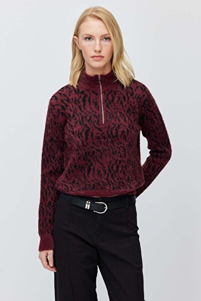 PAULMARK Women's Stand Collar Half Zipper Patterned Knitwear Sweater