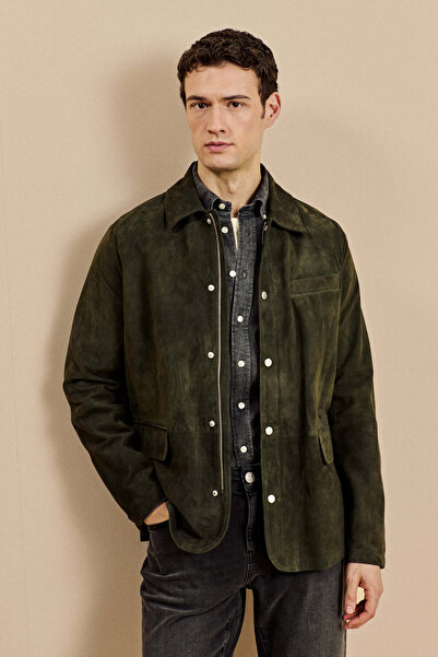 BROOKS BROTHERS Erkek Açık Haki Klasik Yaka Kapak Cep Detaylı Çıtçıtlı Süet Mont