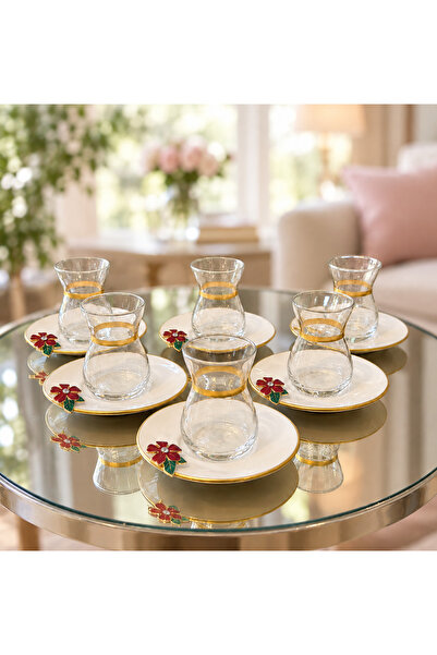 Elta Collection 12 Parça 6 Kişilik Kırmızı Papatya Detaylı - Lüks Porselen Ta...