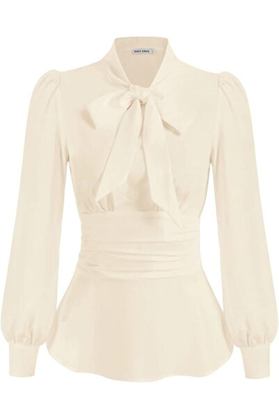GRACE KARIN Women Flared Defined Waist Blouse OL Puffed Long Sleeve Bow-Knot ...