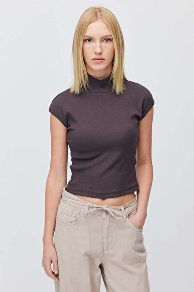 PAULMARK Women's High Neck Ribbed Short Sleeve Blouse