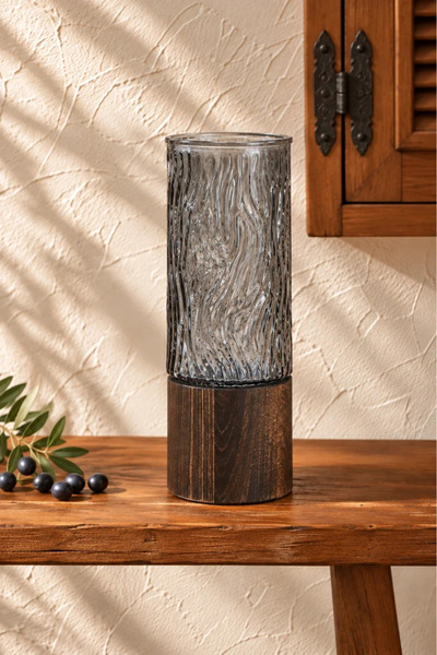 Tutku Home İzel Ahşap Detaylı Cam Vazo 25 Cm