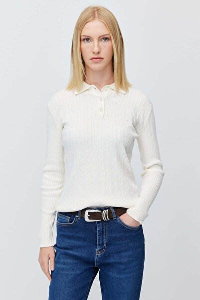 PAULMARK Women's Buttoned Collar Self-Patterned Knitwear Sweater