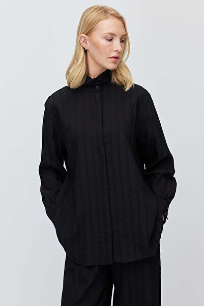 PAULMARK Women's Stand-Up Collar Striped Hidden Button Blouse