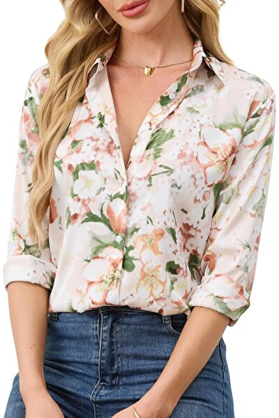 GENERAL Wrinkle-Resistant Silky Women Printed Button Down Shirt Long Sleeve
