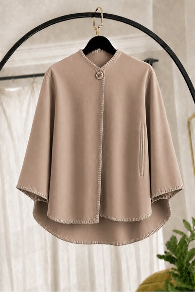 Hepsi Moda Çoban Dikiş Detaylı Panço - 0018 - Vizon