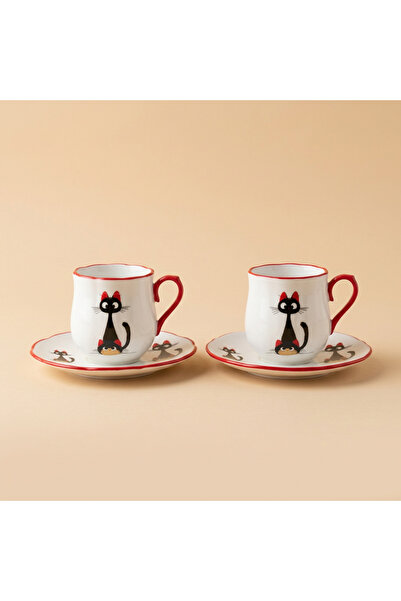 ELZEY HOME Porcelain Set of 2 Coffee Cups with Cat Figures