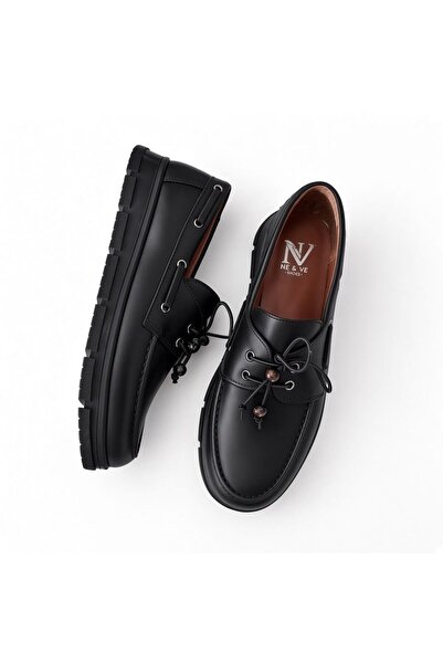 NE&VE SHOES Дамски черни кожени мокасини с гумени връзки