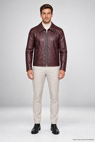 Firststops Men's Burgundy Zippered Regular Fit Faux Leather Jacket with Fur I...